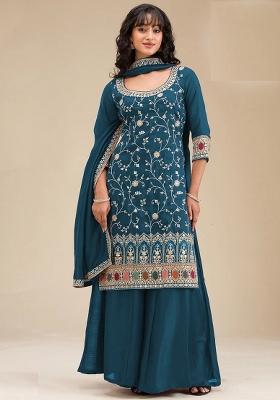 Teal Blue Embriodery Vichitra Salwar Set