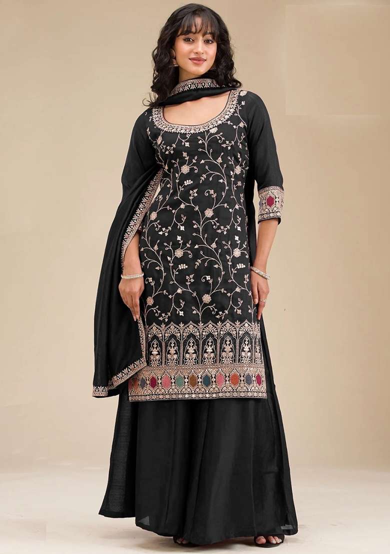 Black Embroidered Vichitra Sharara Set - Indya