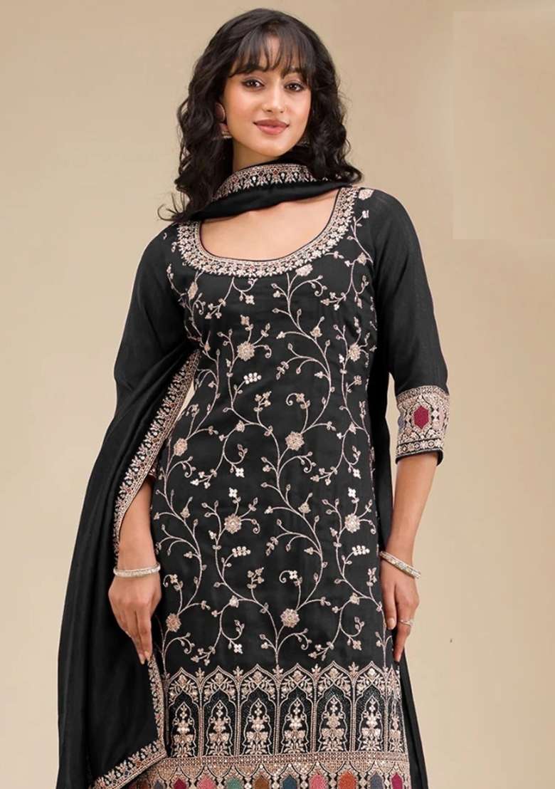 Black Embroidered Vichitra Sharara Set - Indya