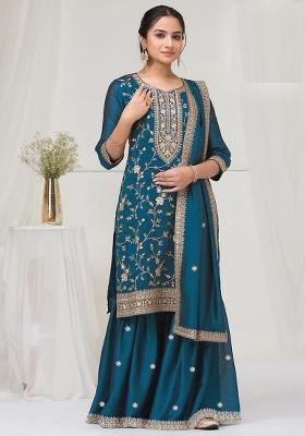Teal Blue Embriodery Vichitra Salwar Set