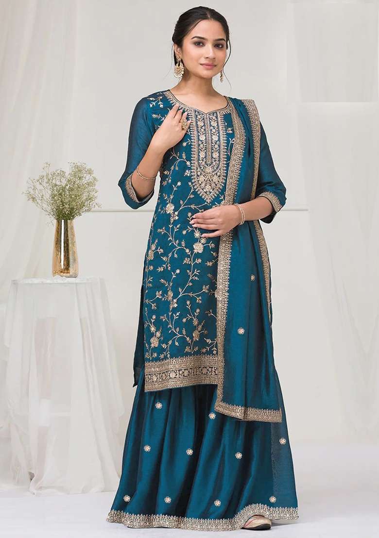 Teal Blue Embroidered Vichitra Sharara Set - Indya