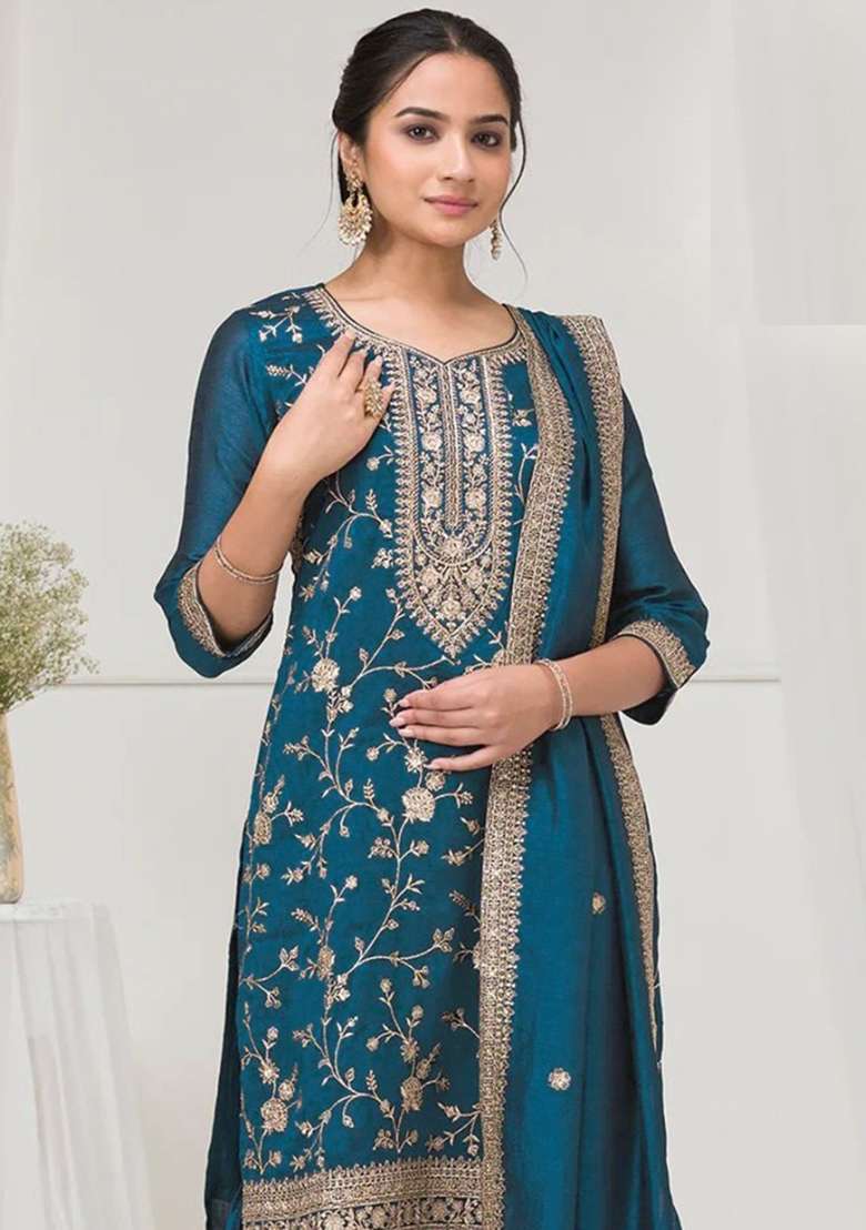 Teal Blue Embroidered Vichitra Sharara Set - Indya