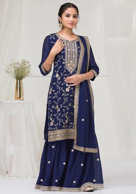 Blue Embriodery Vichitra Salwar Set