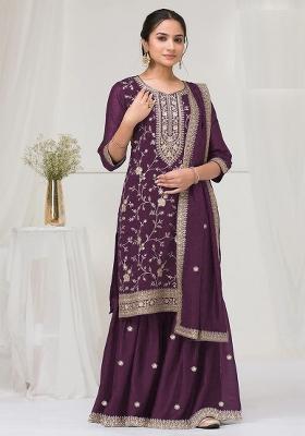 Purple Embriodery Vichitra Salwar Set