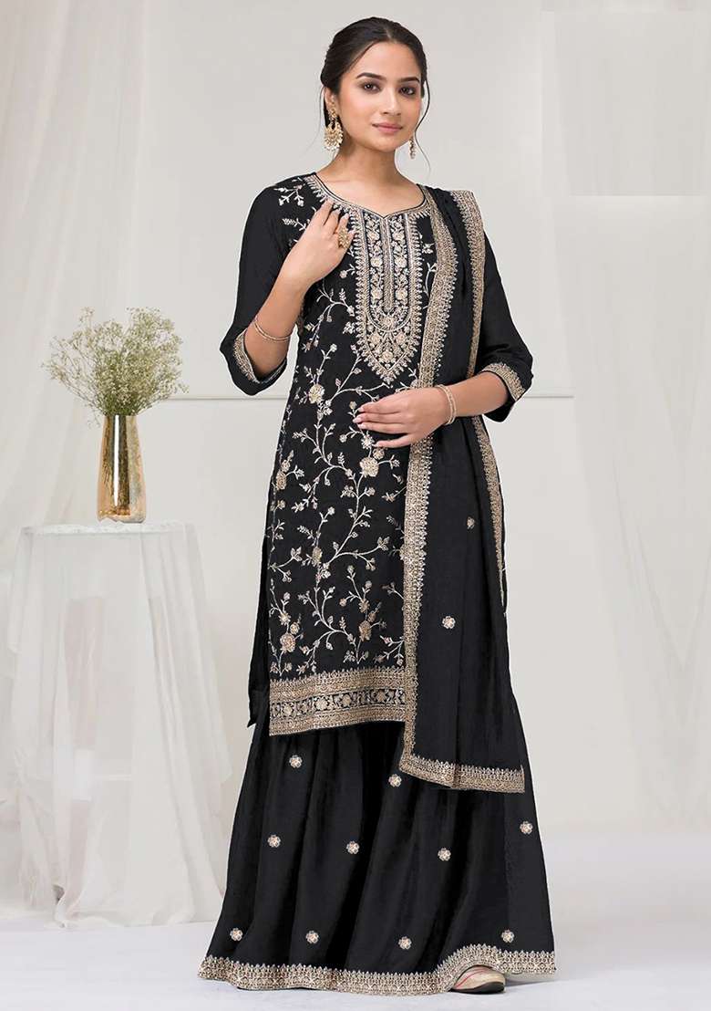 Black Embroidered Vichitra Sharara Set - Indya