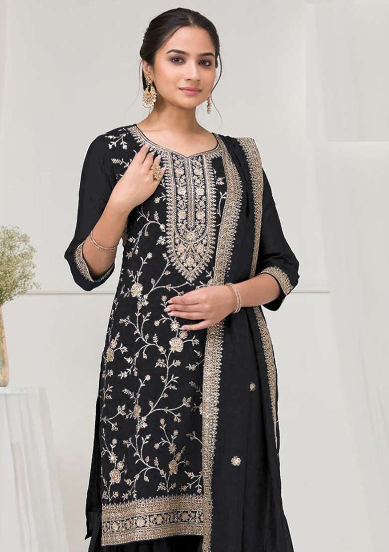 Black Embroidered Vichitra Sharara Set - Indya