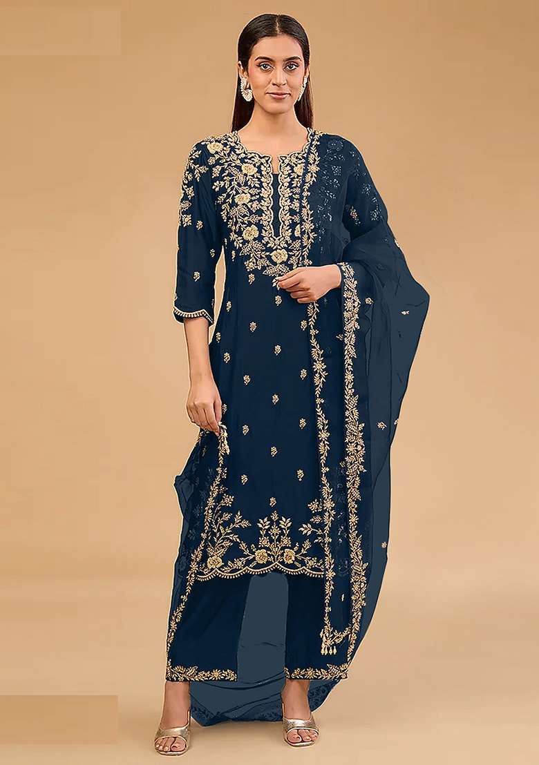 Blue Embroidered Silk Pakistani Suit Set - Indya