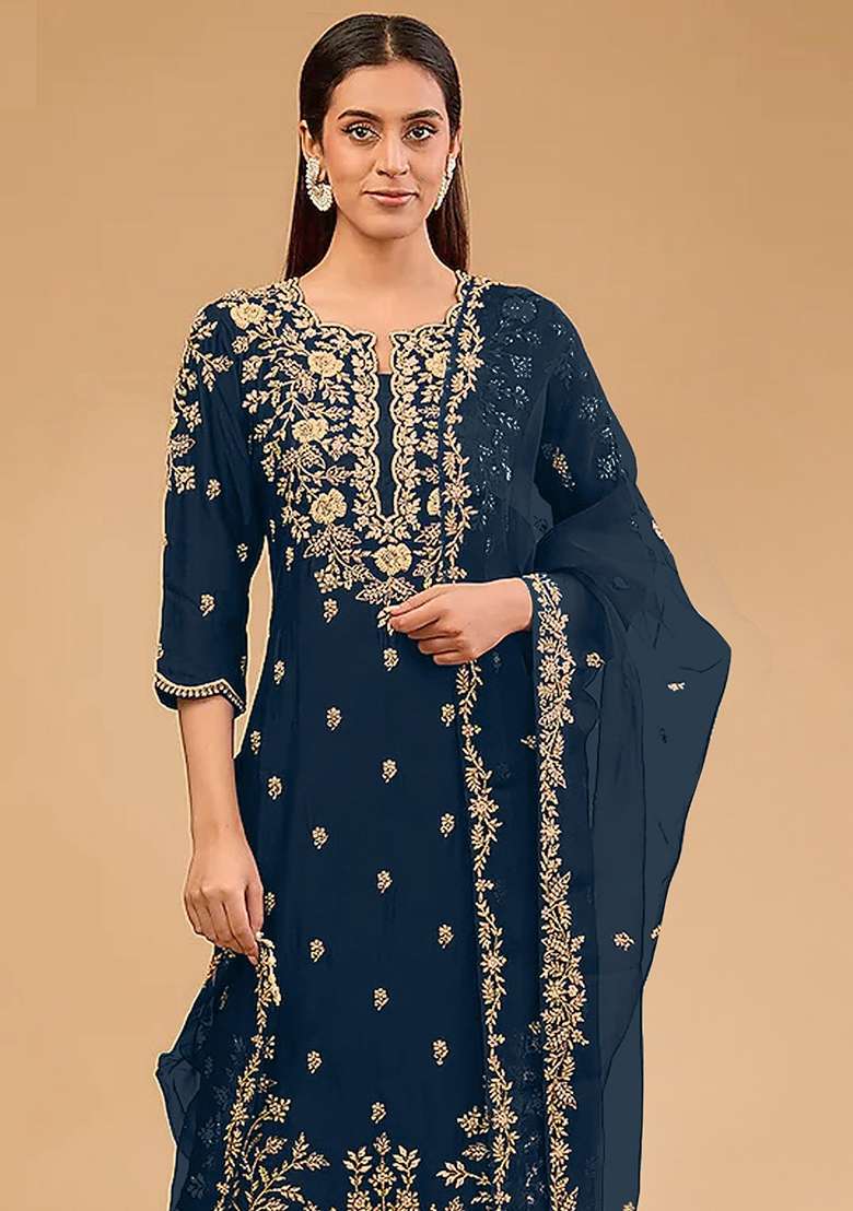 Blue Embroidered Silk Pakistani Suit Set - Indya