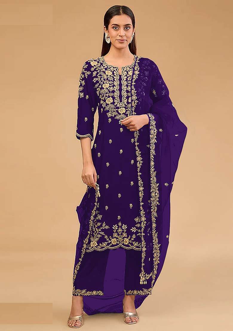 Purple Embroidered Silk Straight Kurta Set - Indya