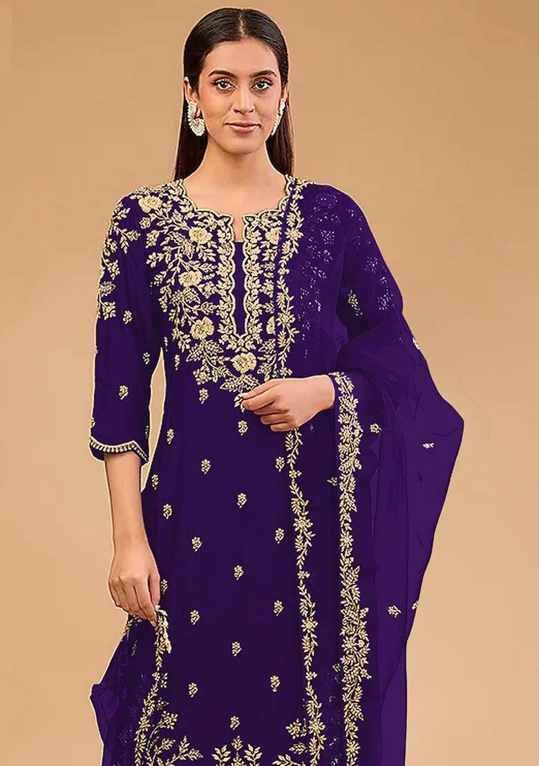 Purple Embroidered Silk Straight Kurta Set - Indya