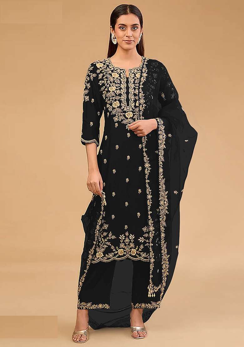 Black Embroidered Silk Blend Pakistani Suit Set - Indya