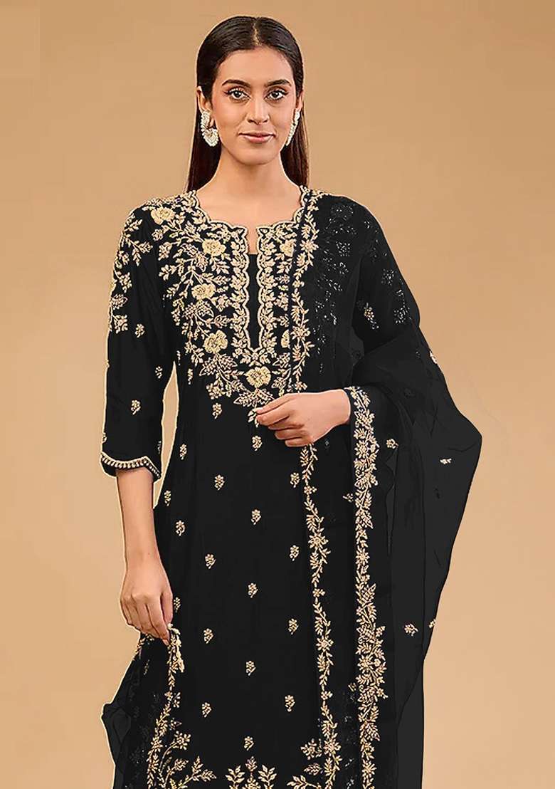 Black Embroidered Silk Blend Pakistani Suit Set - Indya
