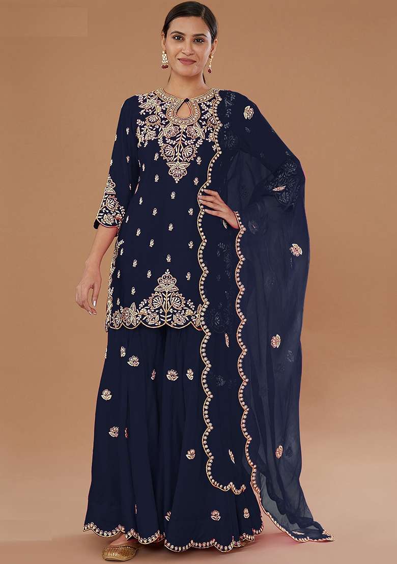 Blue Embroidered Silk Blend Sharara Set - Indya