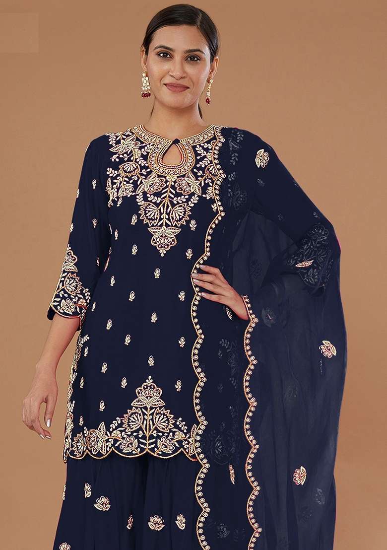 Blue Embroidered Silk Blend Sharara Set - Indya