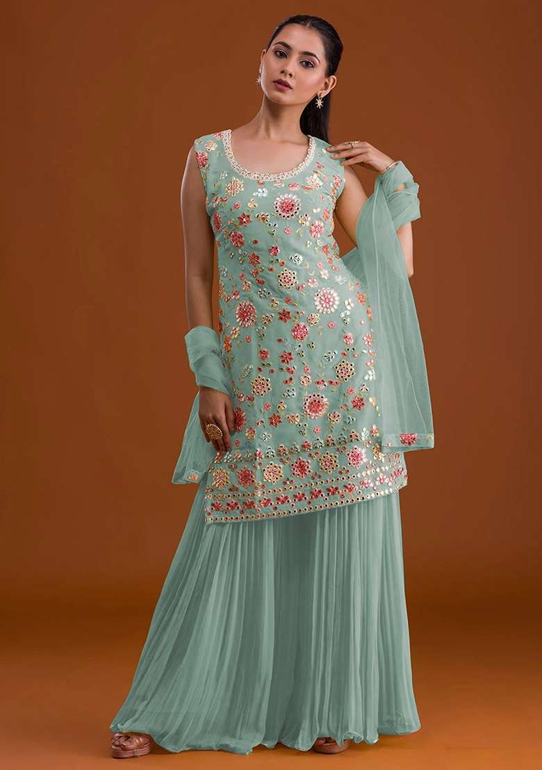 Sky Blue Embroidered Georgette Sharara Set - Indya