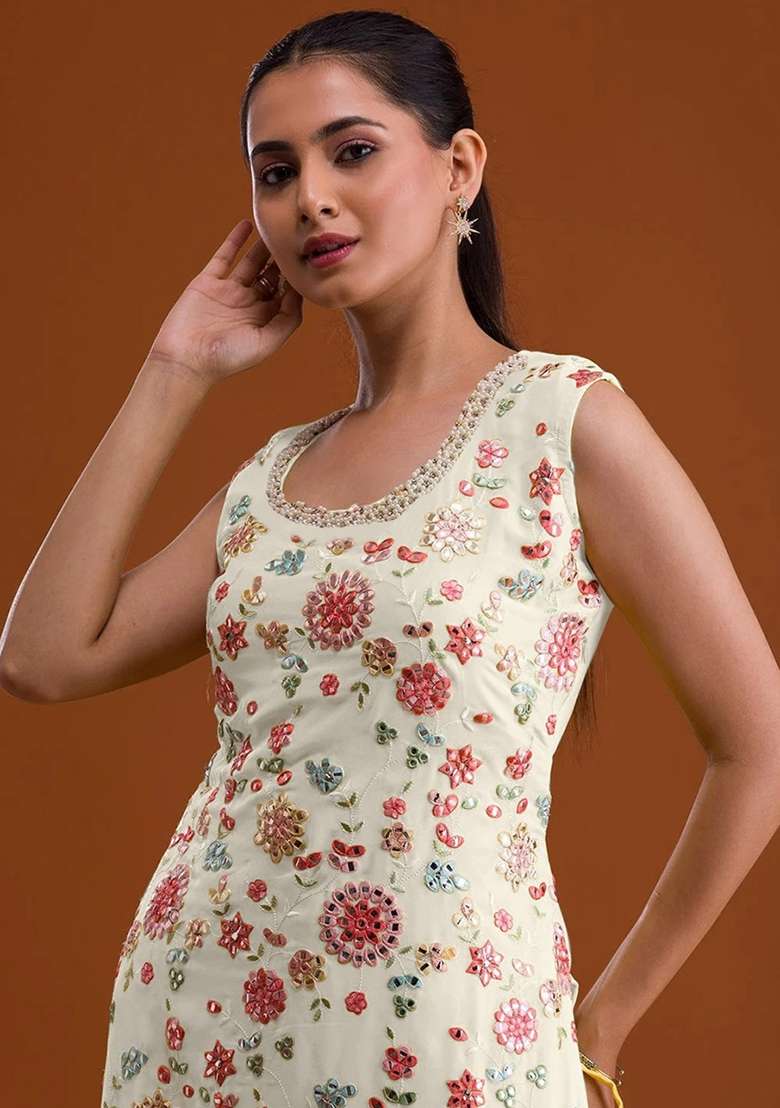 White Embroidered Georgette Sharara Set - Indya