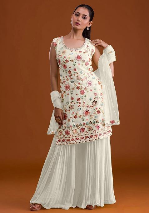 White Embroidered Georgette Sharara Set — view on Indya
