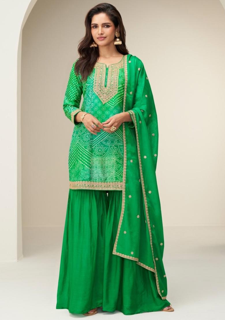 Green Embroidered Silk Plazzo Salwar Suit