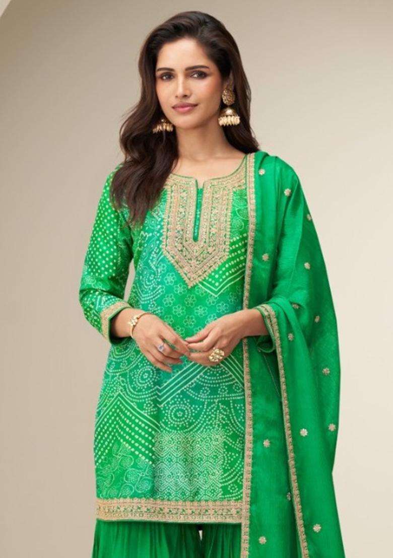 Green Embroidered Silk Plazzo Salwar Suit