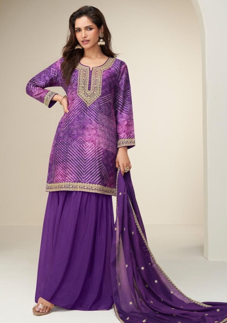 Purple Embroidered Silk Plazzo Salwar Suit