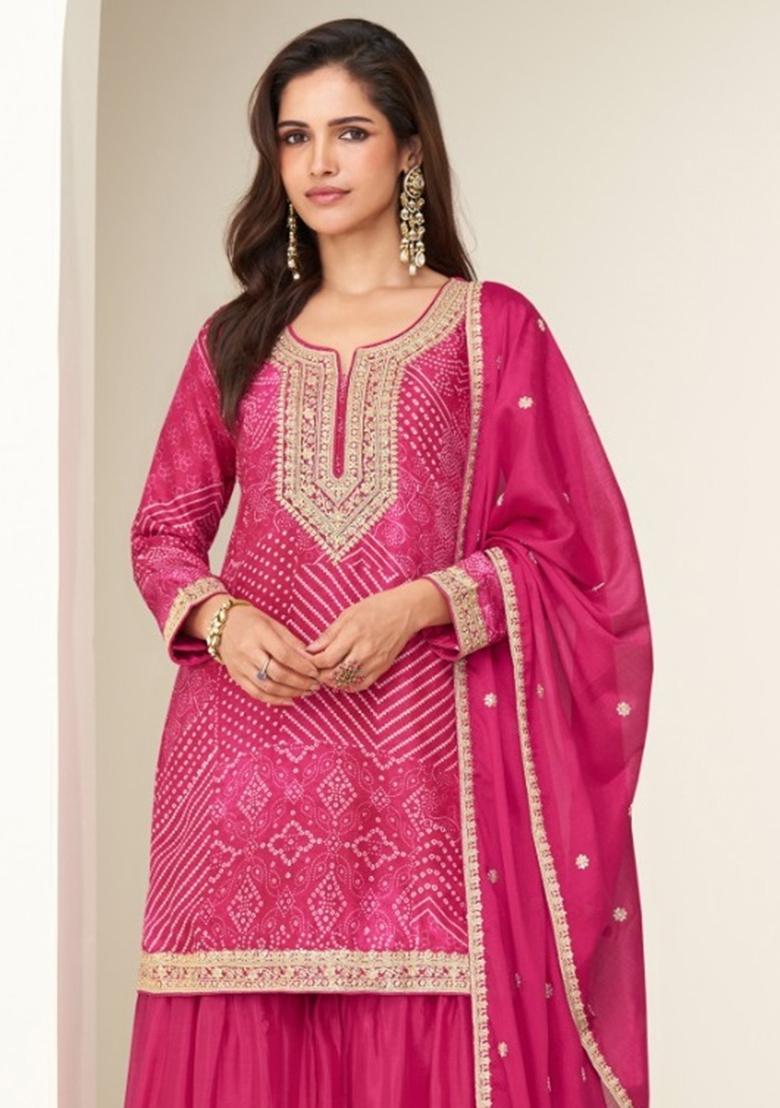 Rani Pink Embroidered Silk Plazzo Salwar Suit