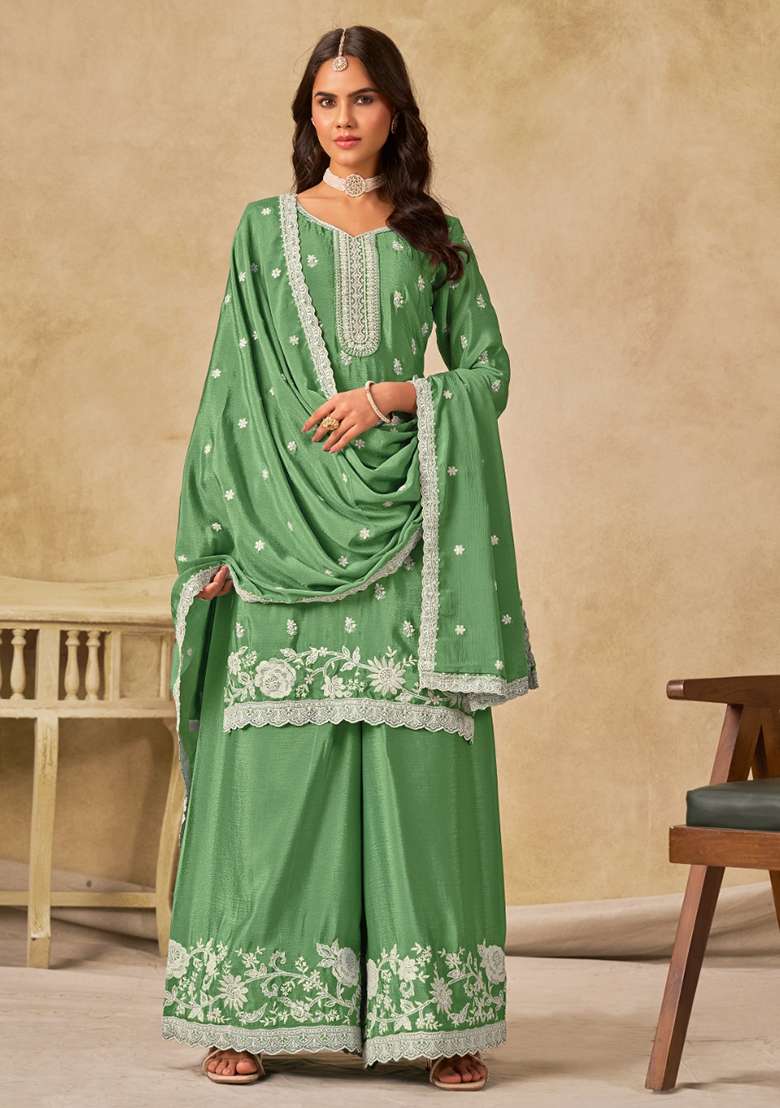 Green Embroidered Chinon Straight Kurta Set - Indya