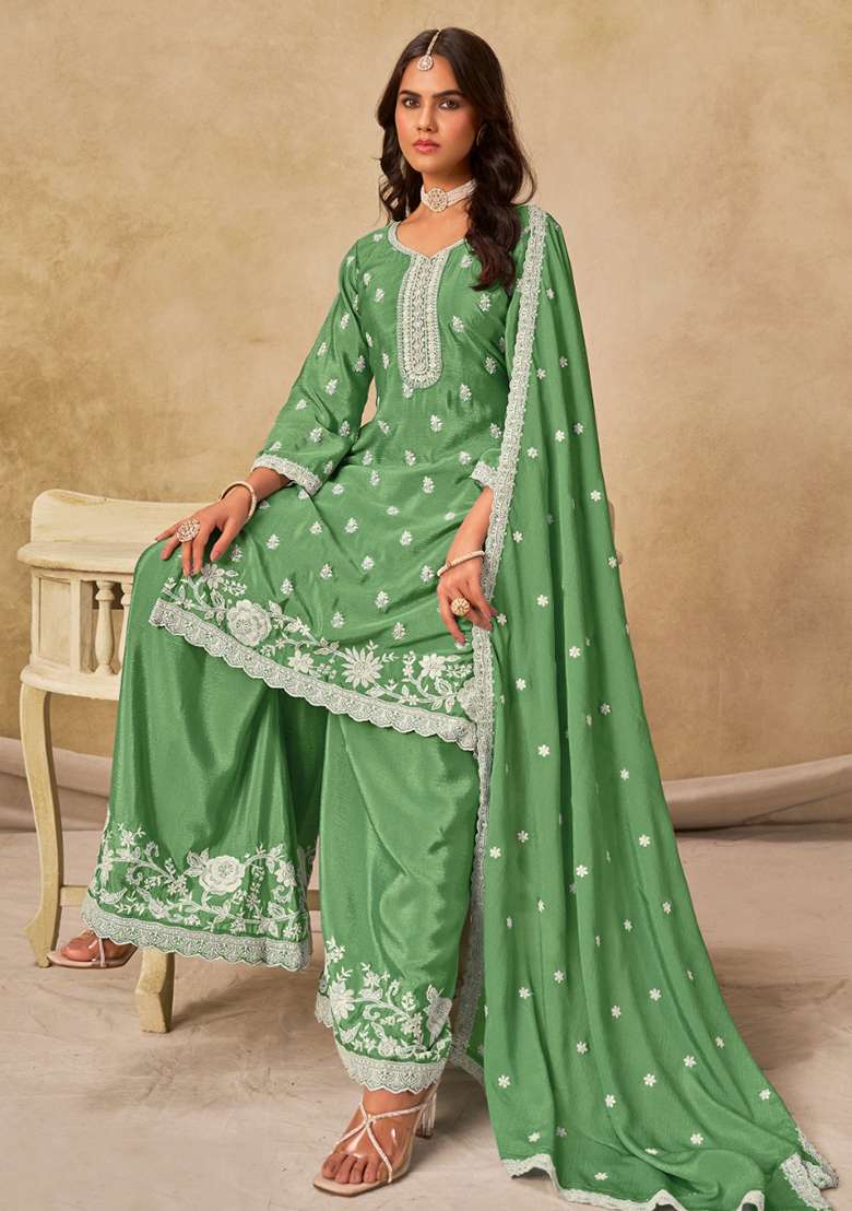 Green Embroidered Chinon Straight Kurta Set - Indya