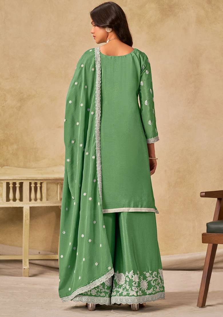 Green Embroidered Chinon Straight Kurta Set - Indya