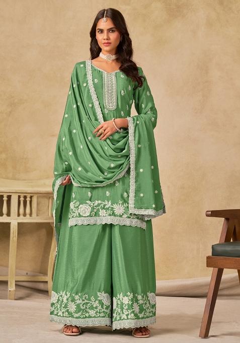 Green Embroidered Chinon Kurta Set