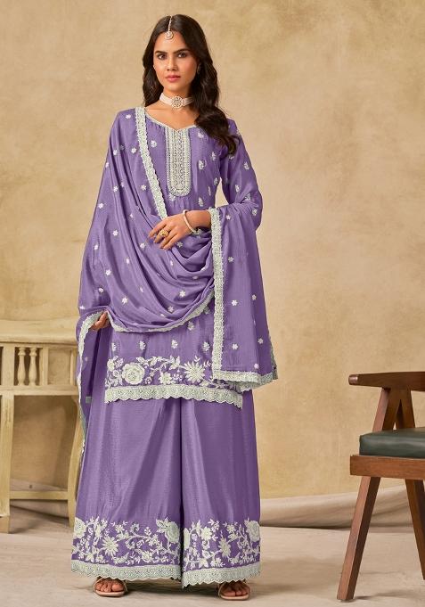 Lavender Embroidered Chinon Kurta Set