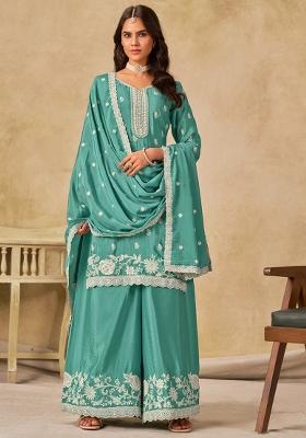Sky Blue Embroidered Chinon Kurta Set
