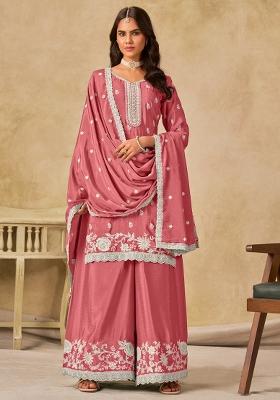 Peach Embroidered Chinon Kurta Set