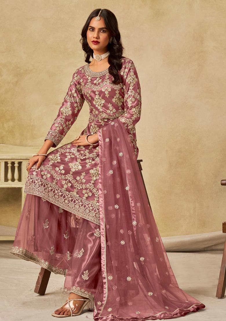 Brown Embroidered Net Kurta Set - Indya