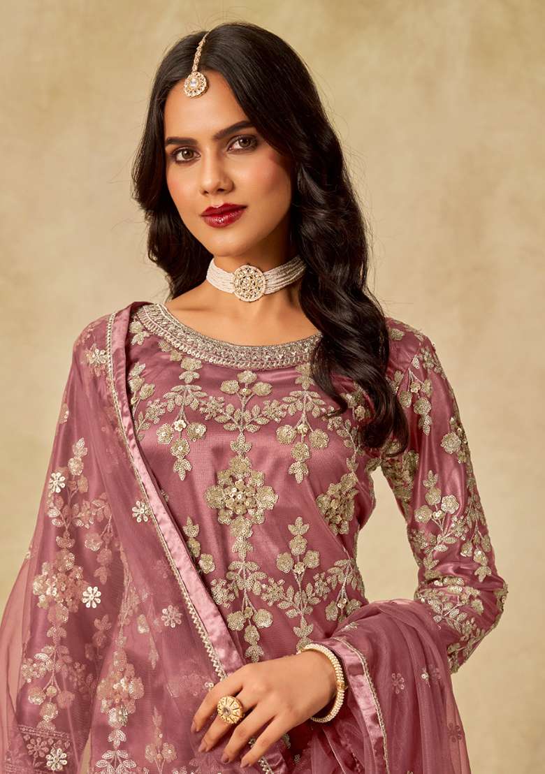 Brown Embroidered Net Sharara Set - Indya