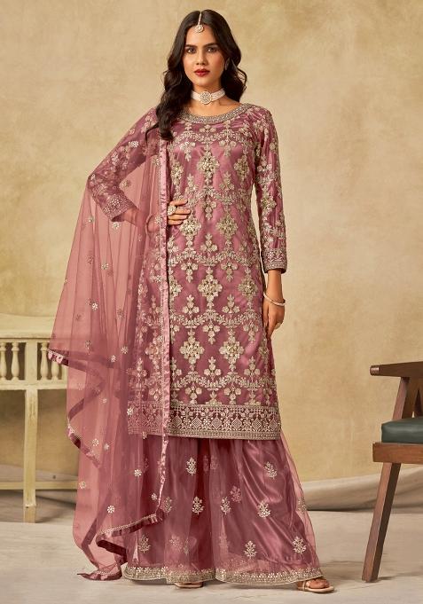 Brown Embroidered Net Sharara Set