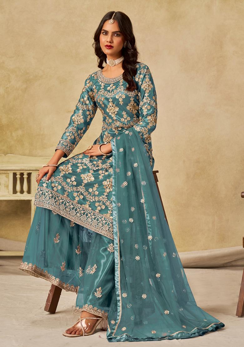 Teal Blue Embroidered Net Kurta Set
