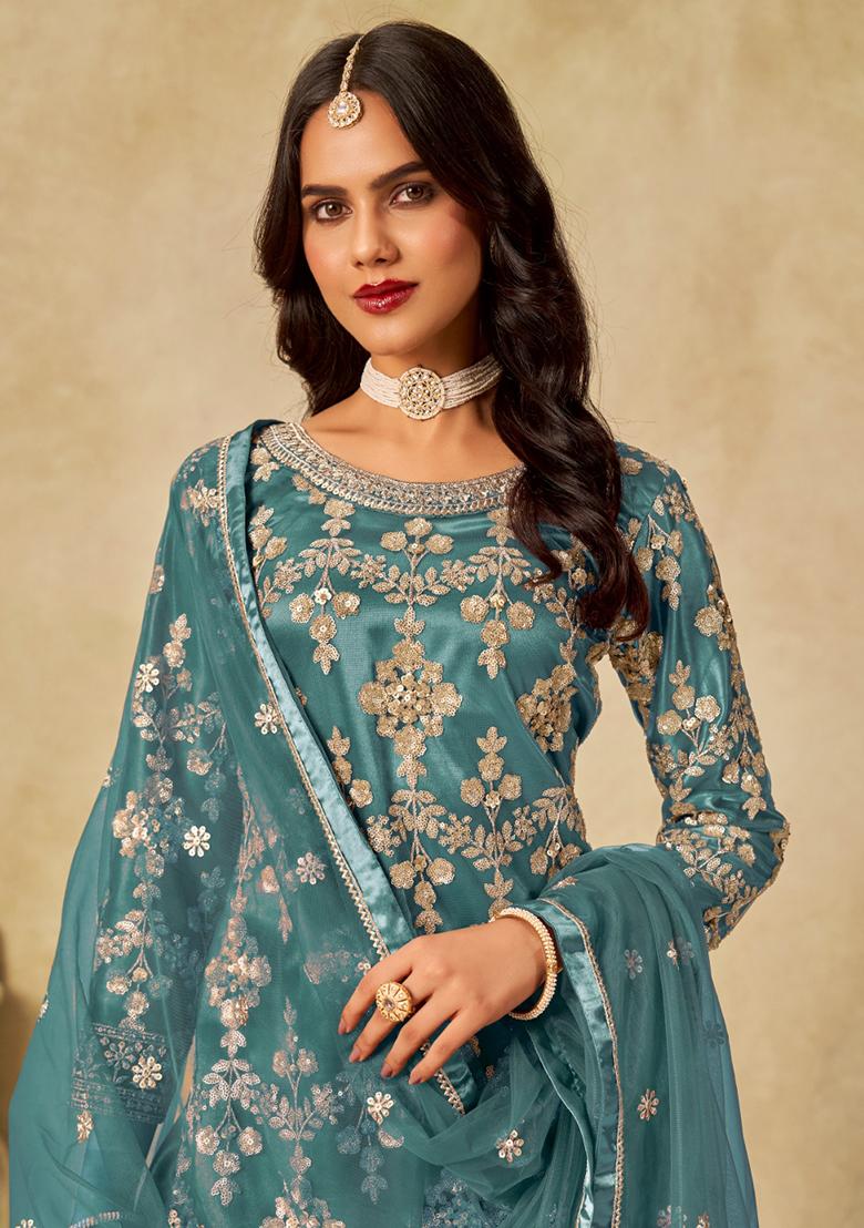 Teal Blue Embroidered Net Kurta Set