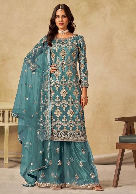 Teal Blue Embroidered Net Kurta Set