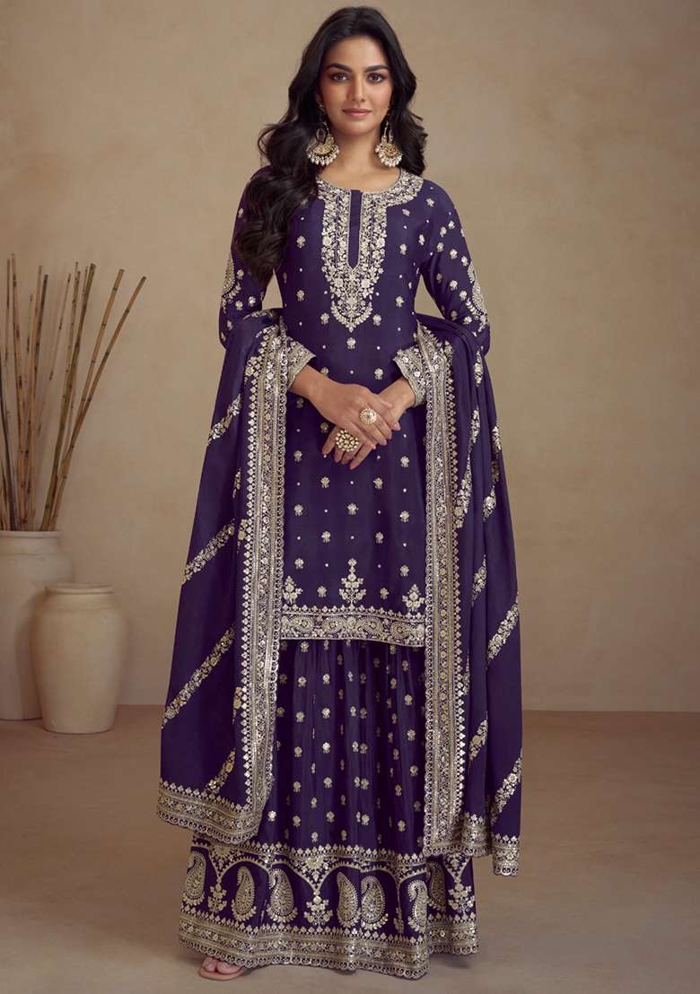 Violet Embroidered Silk Blend Sharara Set - Indya