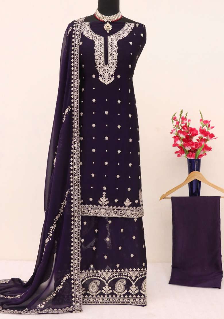 Violet Embroidered Silk Blend Sharara Set - Indya