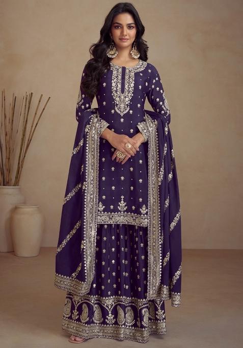 Violet Embellished Silk Kurta Set