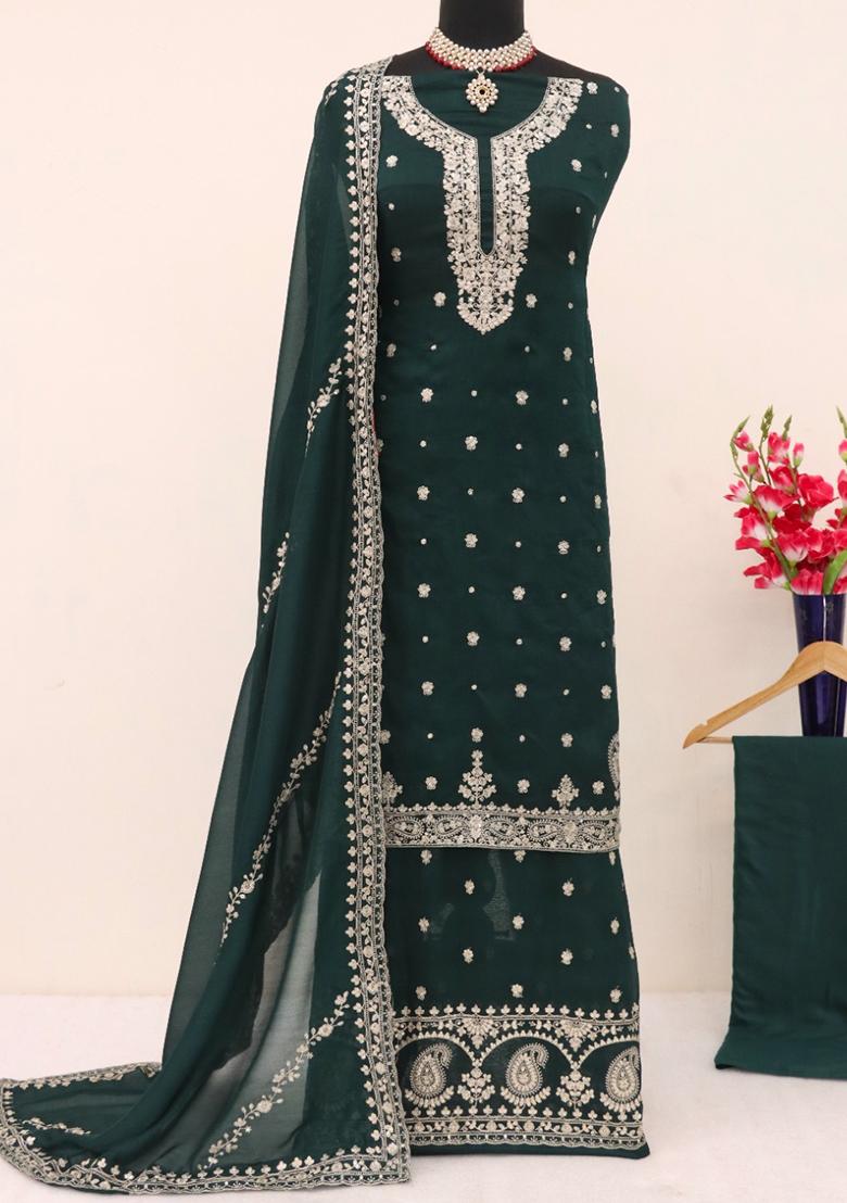 Green Embellished Silk Kurta Set