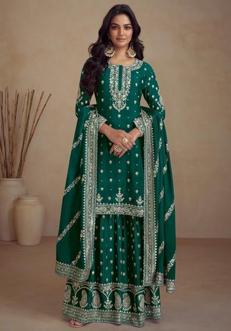 Green Embellished Silk Kurta Set