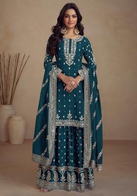 Teal Blue Embellished Silk Kurta Set