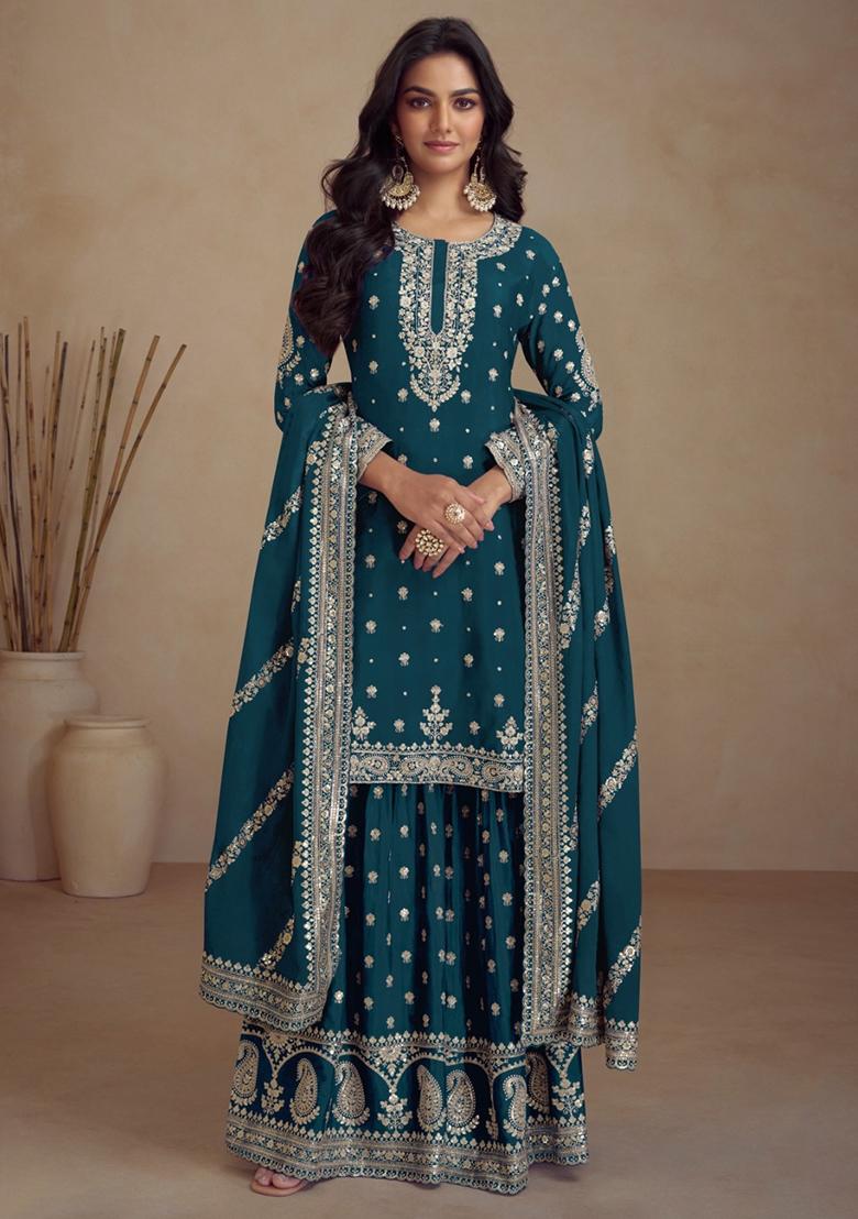 Teal Blue Embellished Silk Kurta Set