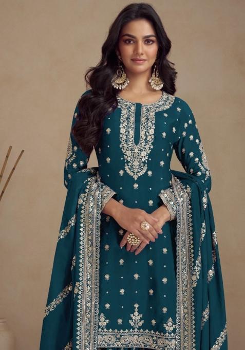 Teal Blue Embellished Silk Kurta Set