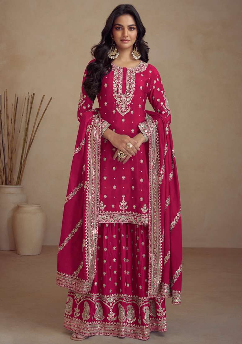 Red Embroidered Silk Blend Sharara Set - Indya