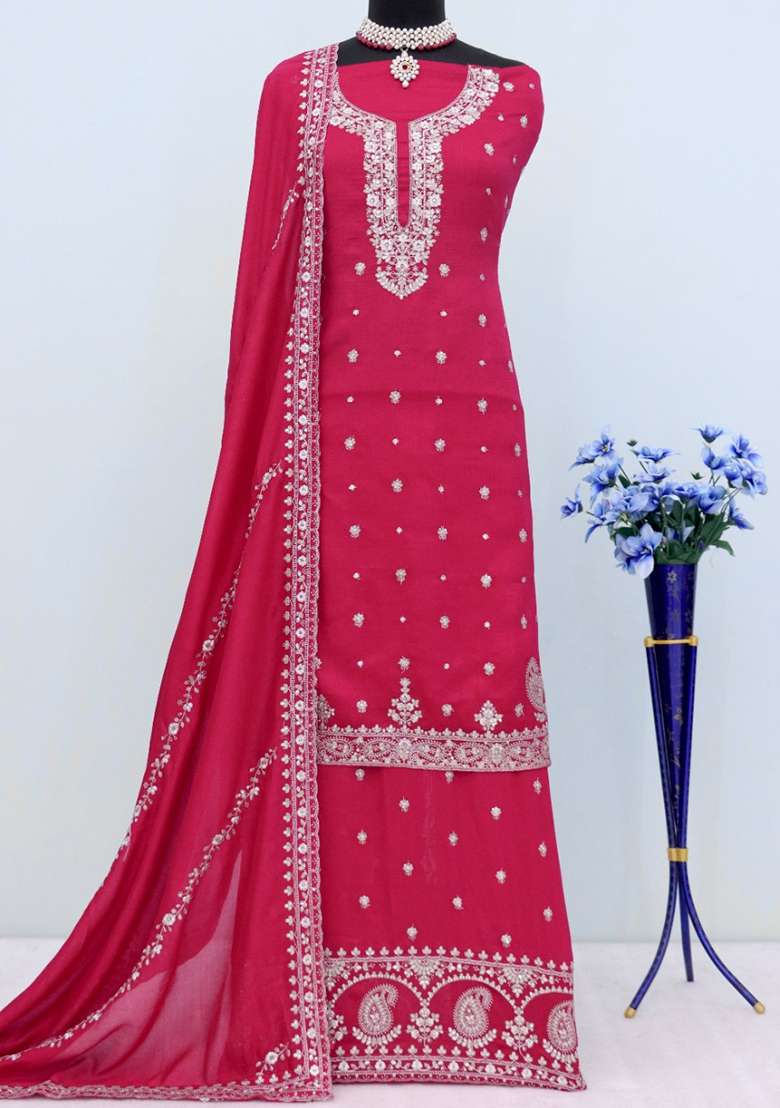 Red Embroidered Silk Blend Sharara Set - Indya