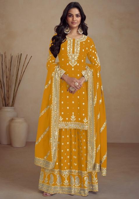 Yellow Embellished Silk Kurta Set