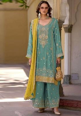 Sky Blue Embroidered Chinon Kurta Set